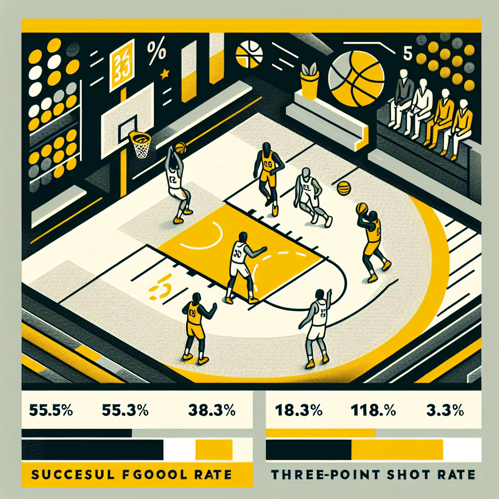 El juego destaca con un 55.5% en tiros efectivos y un 18.3% en tiros de tres puntos, revelando una estrategia cautelosa.